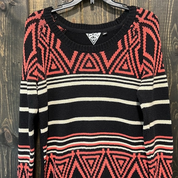Volcom Machu Peaches Sweater S Geometric Black Orange Striped Festival Cozy Warm - Picture 5 of 12